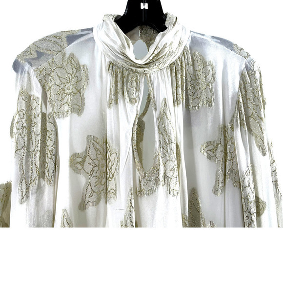 MISS SELFRIDGE SHEER RUFFLE BLOUSE WITH GOLD FLORAL EMBELLISHMENT - Picture 3 of 9